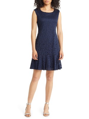 CONNECTED APPAREL Womens Navy Lined Ruffled-hem Pullover Sleeveless Dress 14