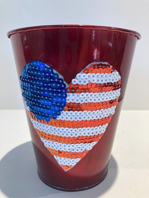 Red Metal Trash Can  Heart Shaped American Flag Decal. 5 1/4'' Top x 6 1/4'' Deep