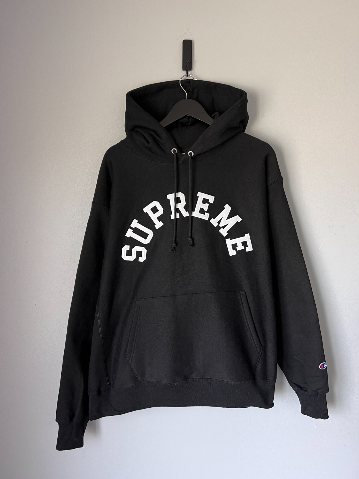 Supreme x Champion Arc Logo Hoodie - Size XL - Black - NEW