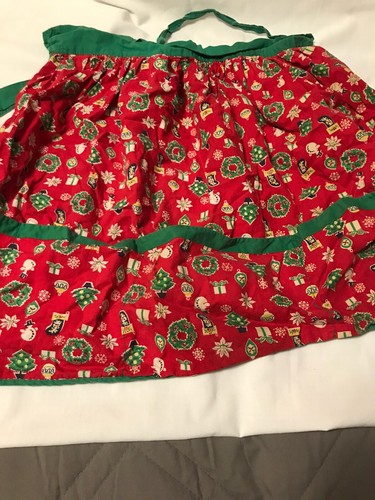 Vintage 1950 's Christmas Half Apron Cotton Bright Red Pattern Pockets