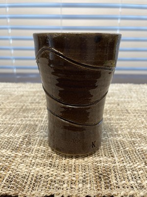 Studio Art Pottery Dark Brown Glazed Ceramic Vase Incised Detail Initial K