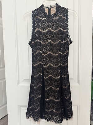 Francesca's Lace Fit & Flare Dress Women's Medium High-Neck Knee-Length Black