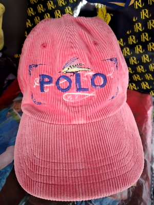 Vintage POLO RALPH LAUREN Fly Fishing Tackle Graphic Corduroy Hat Cap Pink  RARE