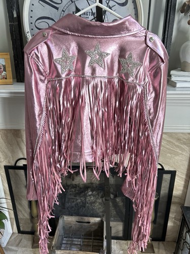 Pre-owned Kelsey Randall $598  X Revolve "senna' Faux Leather Moto Fringe Jacket Pink M