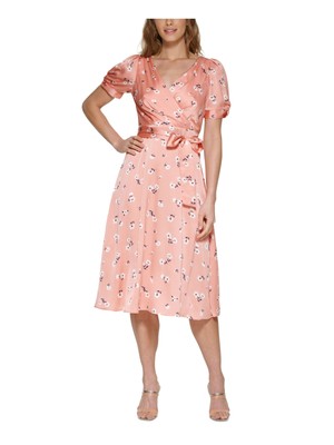 DKNY Womens Coral Self-Twist Twist Cuffs Short Sleeve Midi Faux Dress 10