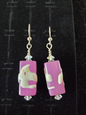 Vintage Sterling Silver Earrings Glass Pink Ghost Dangles .925