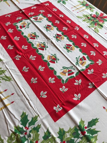 VTG Christmas Tablecloth 58” X 52” Red Candles Holly Bells Mid Century