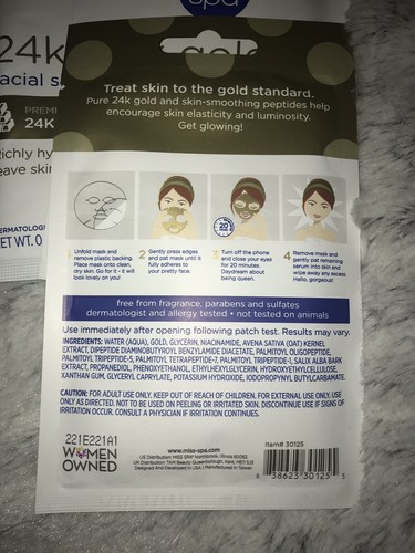 MISS SPA 24K Gold Facial Sheet Mask - Richly Hydrating .88 oz/each (10 Pack)