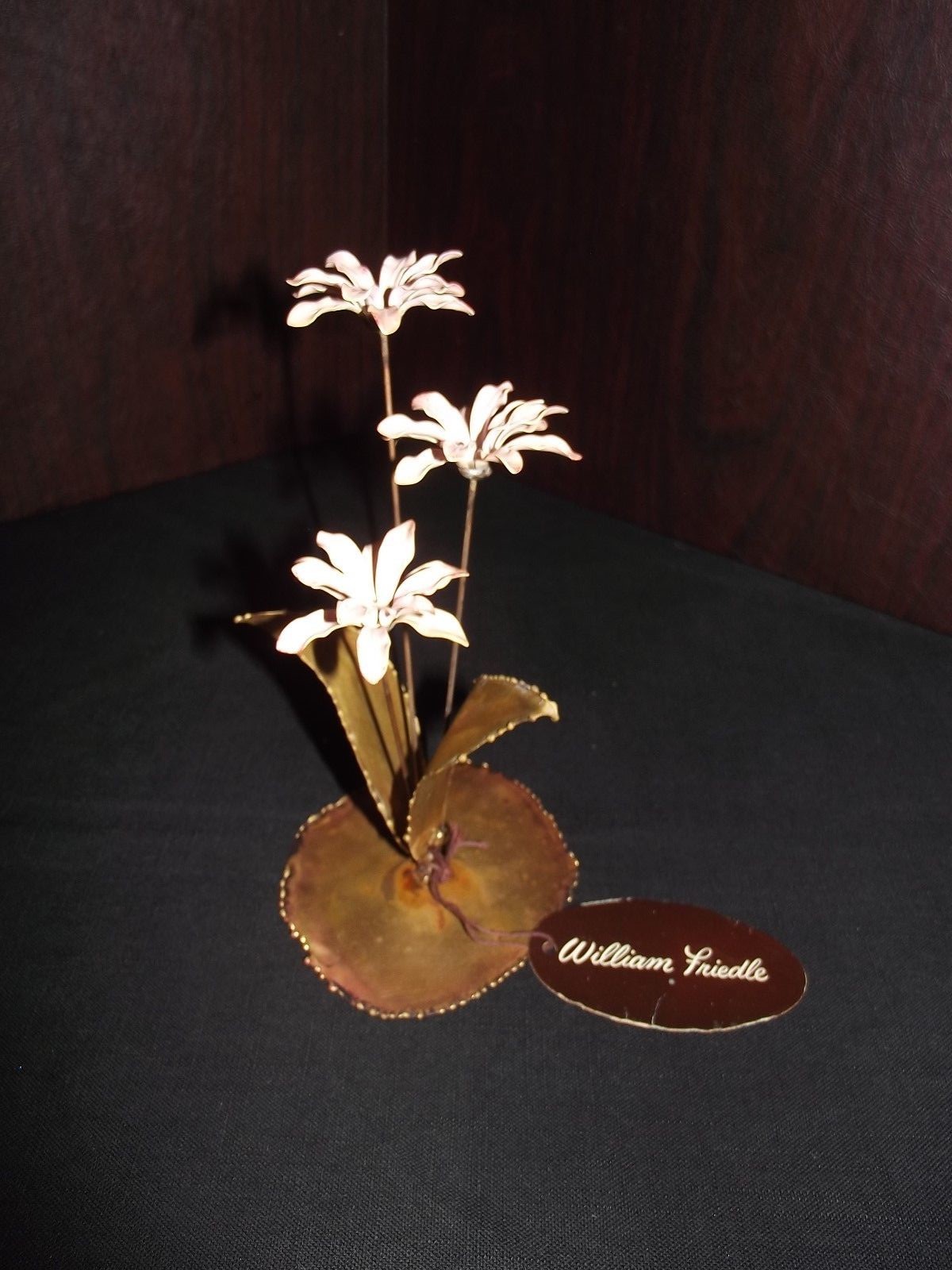 WILLIAM FRIEDLE NY SIGNED BRASS SCULPTURE PINK FLOWERS