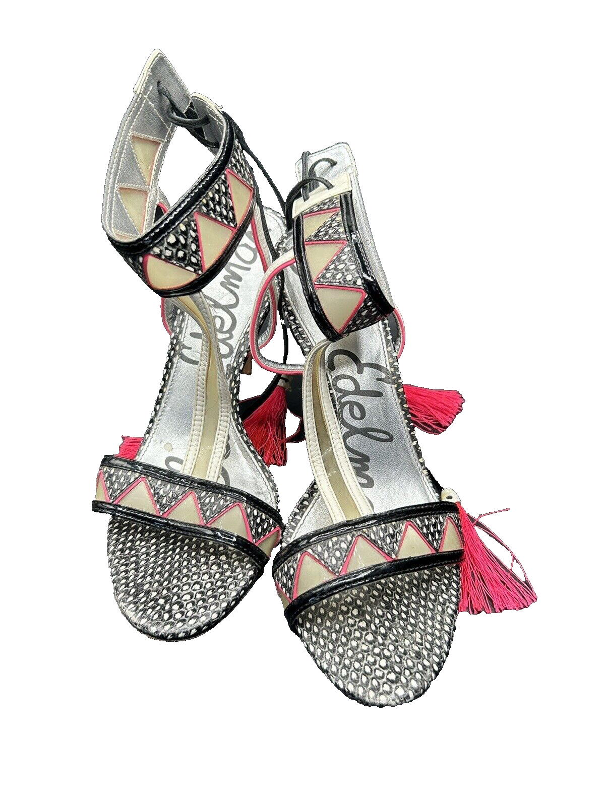 Sam Edelman Sadie Snake Print Tassel Black/White/Neon Pink T