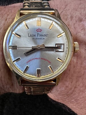 vintage leon piradet watch mens gold tone 21 jewels date manual wind running 125865233562