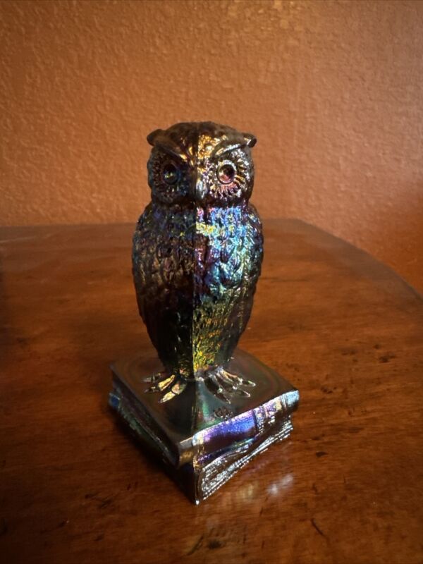 Vintage Carnival Glass Owl On Books Book Stack Figurine Iridescent