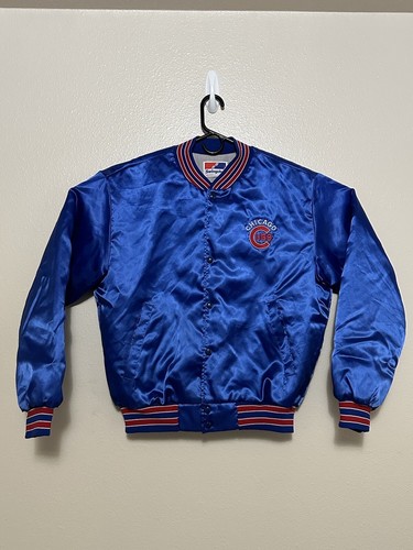 Vintage Chicago Cubs Swingster MLB Blue Satin Snap Bomber Jacket Sz L Made USA