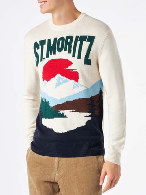 Pre-owned Mc2 Saint Barth Man Sweater With St.moritz Postcard Print In White