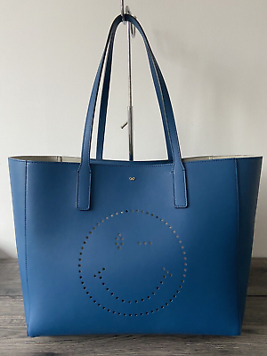 ANYA HINDMARCH BLUE EBURY WINKING SMILEY FACE TOTE BAG MADE IN