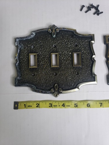 2x Vintage Hall Mack Masterpiece Ornate Antique Brass Triple Switch Plates Lot
