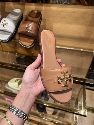 Pre-owned Tory Burch Everly Calf Leather Gold Logo Slide Sandals All Sizes Available