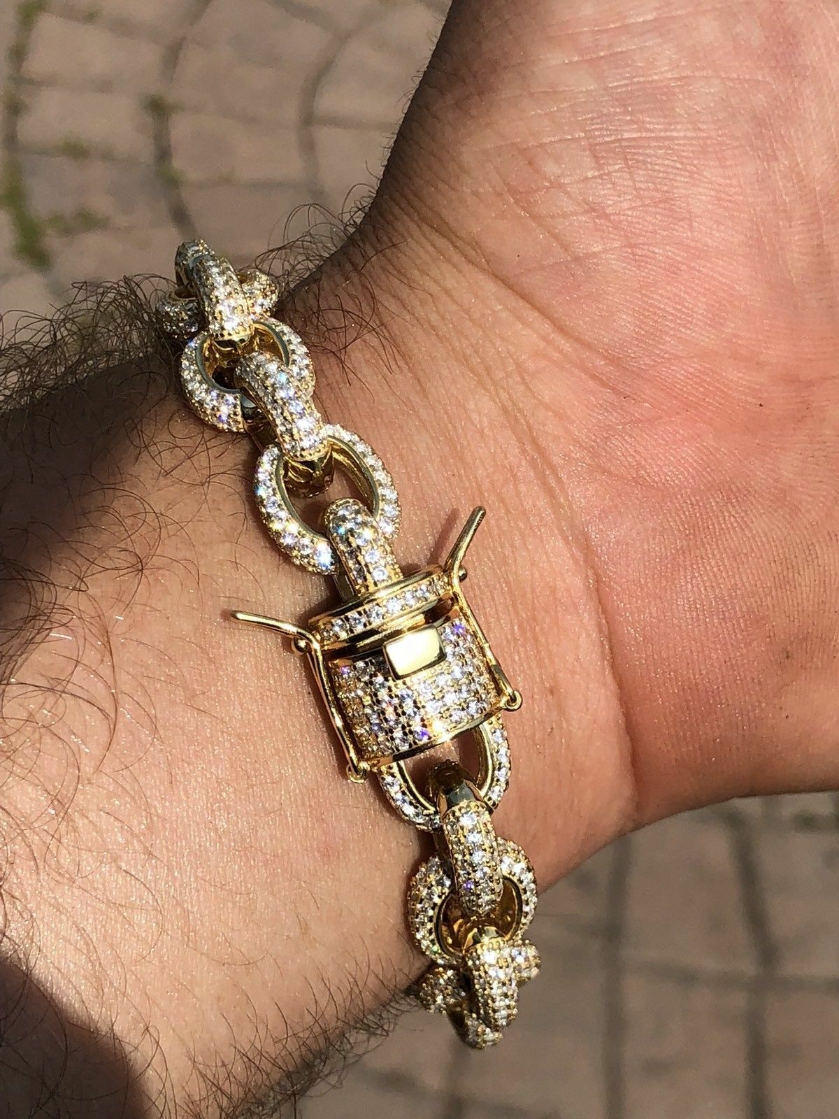 Pre-owned Online0369 4.5 Ct Rd Cubic Zirconia Mens Rolo Charm Bracelet Yellow Gold Plated Silver