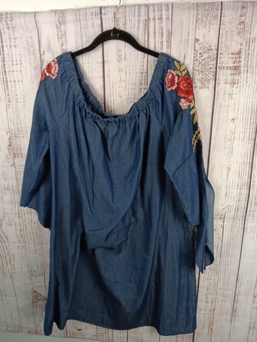 Mlle Gabrielle Tunic Midi Dress Women's XL Blue Chambray Off The Shoulder