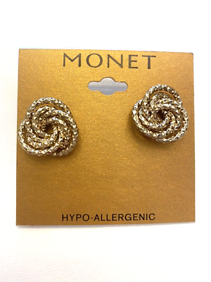 VTG. MONET SHINY GOLD TONE WAVY SWIRLED PIERCED EARRINGS Brand New