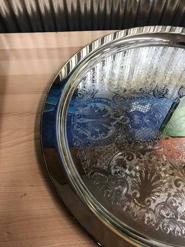 Vintage Large Oneida Silversmiths Ornate Round Serving Tray Dish Platter