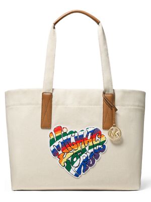 

MICHAEL KORS Женская бежевая сумка-тоут с логотипом Pride Logo Hanging Charm Tote Handbag, Бежевый, 30T1G01T3C