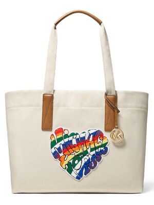 MICHAEL KORS Женская бежевая сумка-тоут с логотипом Pride Logo Hanging Charm Tote Handbag