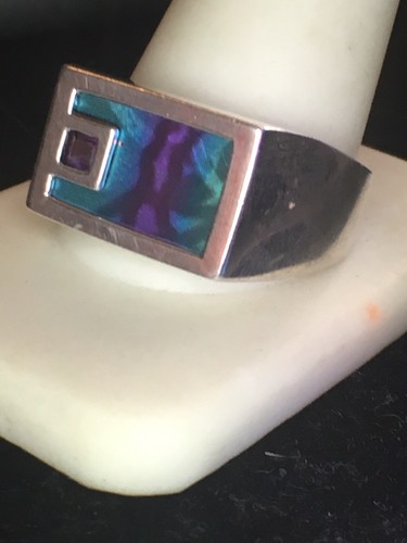 Vintage Sterling Silver, Amethyst & Irridescent Ring Signed Sz13.25