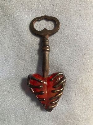 handmade skeleton key glass work pendant heart fire red