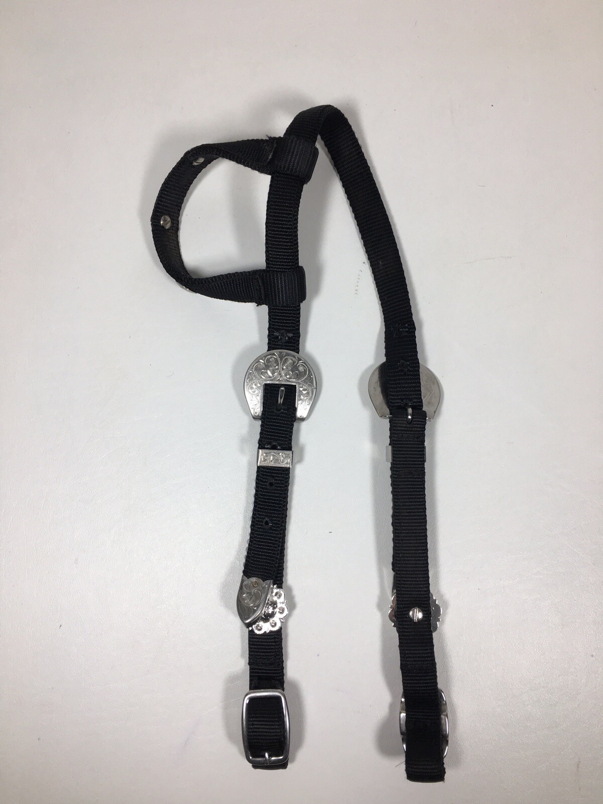 Black Nylon Western One Ear Headstall Silver Engraved Conchos