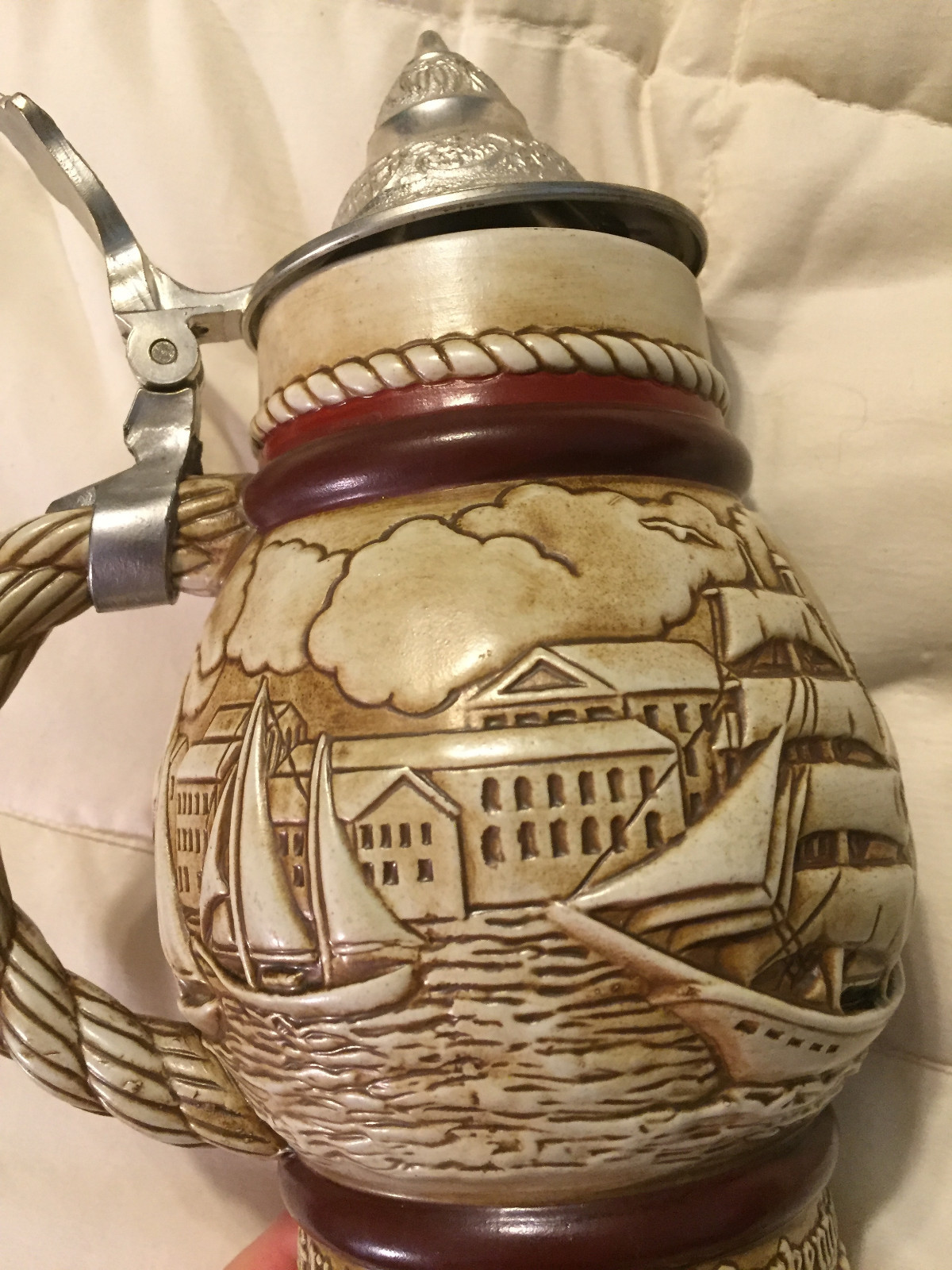 VINTAGE AVON CERAMARTE BRAZIL SAILBOAT SHIP BOAT PORT LIDDED STEIN MUG CUP