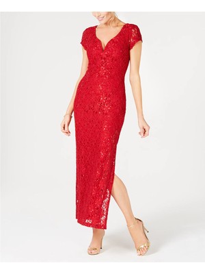 CONNECTED APPAREL Womens Red Notched Short Sleeve Maxi Formal Dress Petites 10P