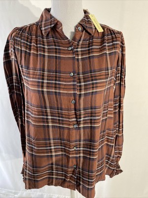 Max Studio Womens Small Brown Casual Smocked Wrist Button Up Top $98