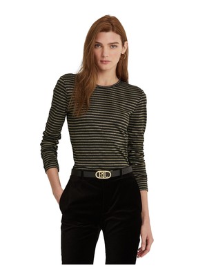 

RALPH LAUREN Женский черный топ с длинными рукавами и круглым вырезом в металлическую полоску плюс