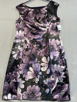 Connected Apparel Sheath Dress Womens 16 Sleeveless Ruched Purple Print NEW