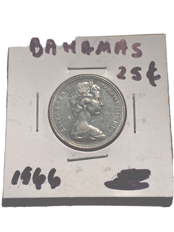 Vintage 1966 BAHAMAS (25) Cents Nickel 24.26mm “Sailboat Sloop” UNC Coin KM# 6.
