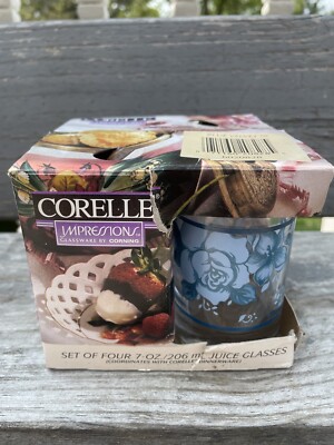 4 Corelle Impressions Blue Velvet Rose 7 oz. Drinking Glasses Juice New Open  