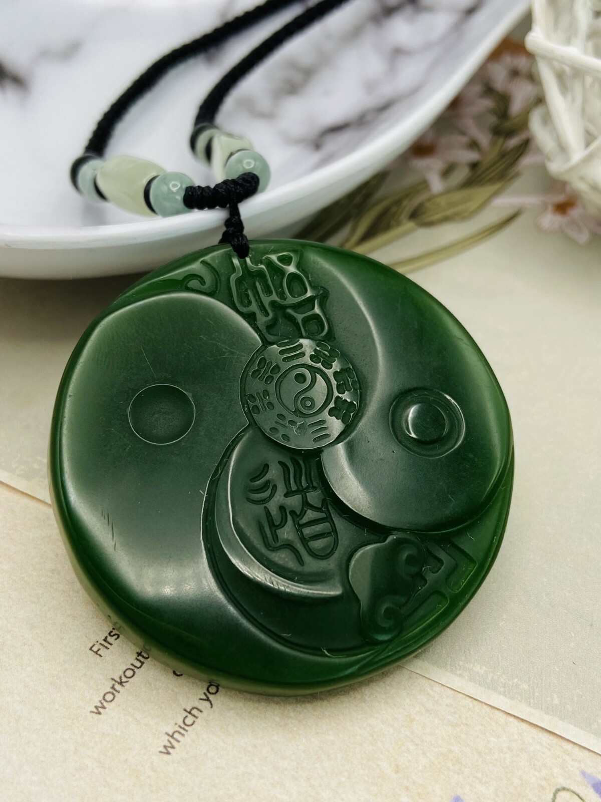 Jade Tai Chi diagram Charm Pendant Necklace W/ Bead Cord Chain Handmade Gemstone - Picture 3 of 6