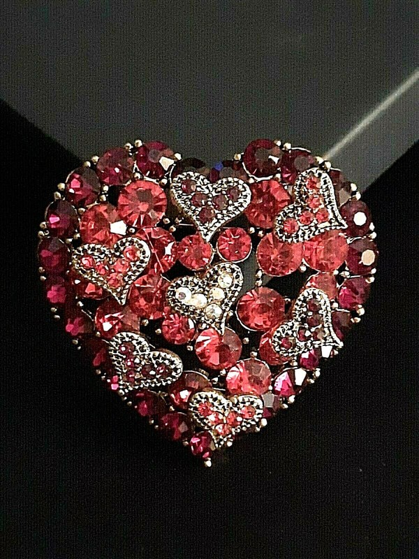 Heart Brooch Large Red White Crystal Rhinestone Gold Tone Heart