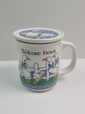 Emson Inc. ''Welcome Friends'' Mug and coaster w/geese, blue bows, white fence