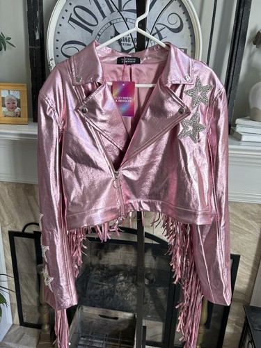 Pre-owned Kelsey Randall $598  X Revolve "senna' Faux Leather Moto Fringe Jacket Pink M
