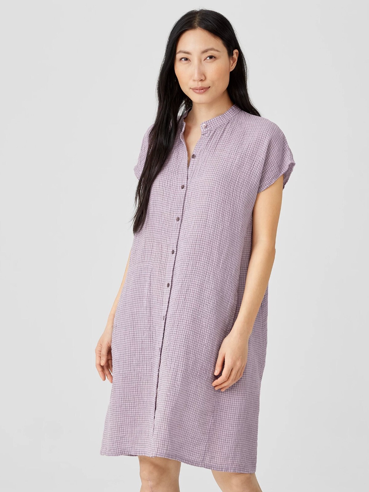 Pre-owned Eileen Fisher Size M, L, Xl Misty Lilac Puckered Organic Linen Dress In Purple