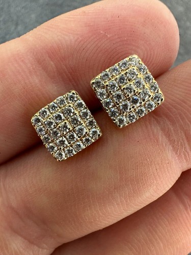 Pre-owned Silver 1.32ct Vvs Real Diamond Men's Solid 14k Yellow Gold Iced Hip Hop Square Earrings In White
