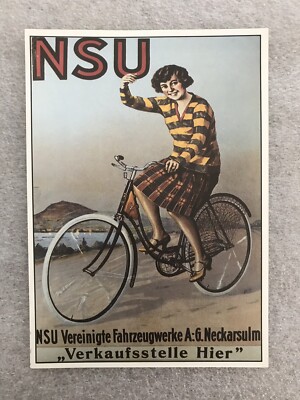 NSU BICYCLE /Lady German Text Postcard 1st On eBay Car Poster! Great Deal!