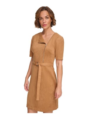 Женское коричневое платье-сорочка DKNY с поясом на молнии и коротким рукавом выше колена 16