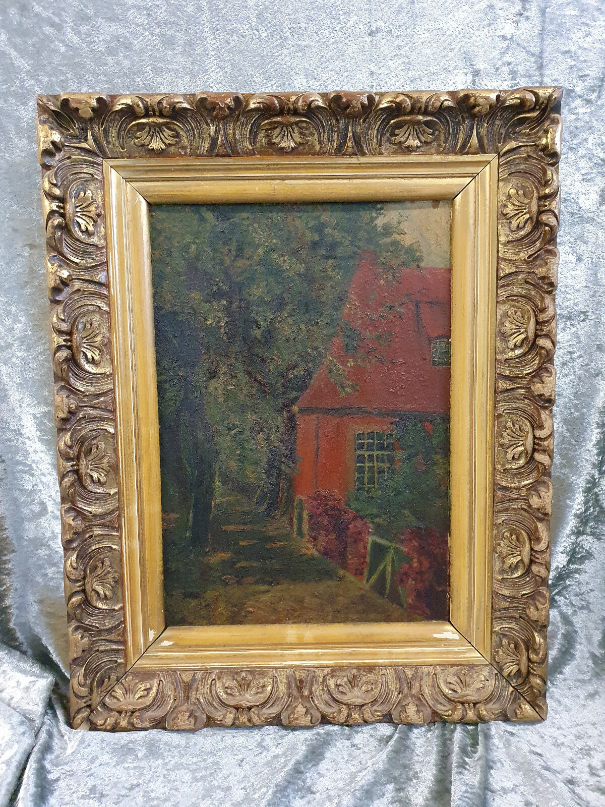 Gemälde Öl auf Karton Haus im Wald 