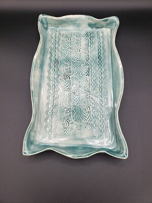 Studio Art Pottery Hand Tooled Green Glaze Platter Tray 13''x8'' Signed ''L'' EUC ..