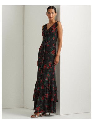 

RALPH LAUREN Женское черное платье в полный рост без рукавов на подкладке с V-образным вырезом, Черный