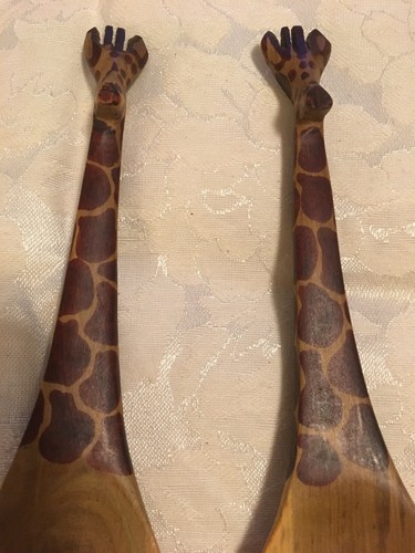 Wooden Giraffe Handled Spoon & Fork Serving Set-Hand Carved & Stained-11.5” Tall