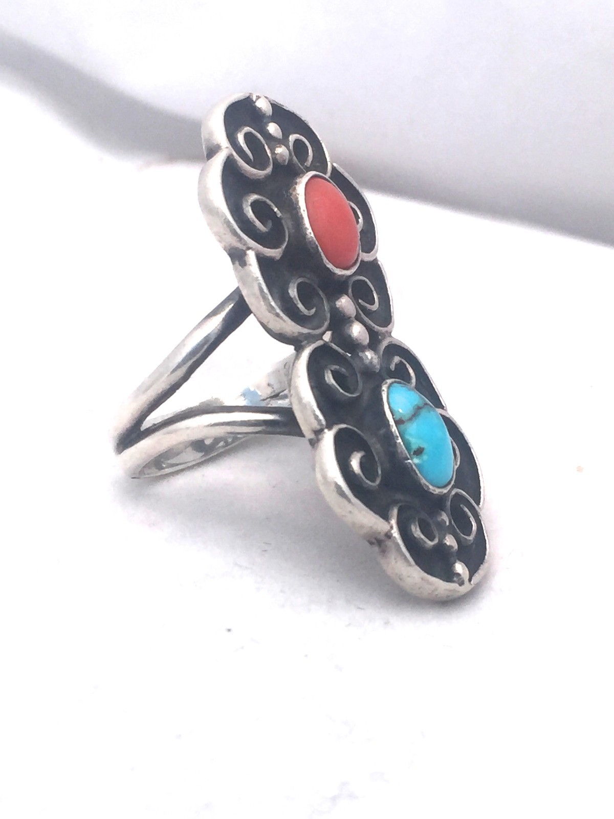 Vintage Sterling Silver Band Turquoise Coral Southwest Tribal Size 8.25 13.2g